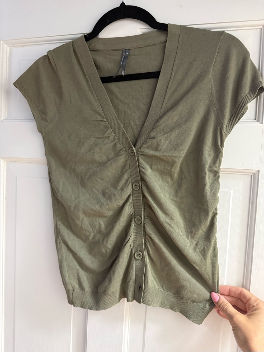 Anthropologie Olive Green Cap-Sleeve Button-Front Top